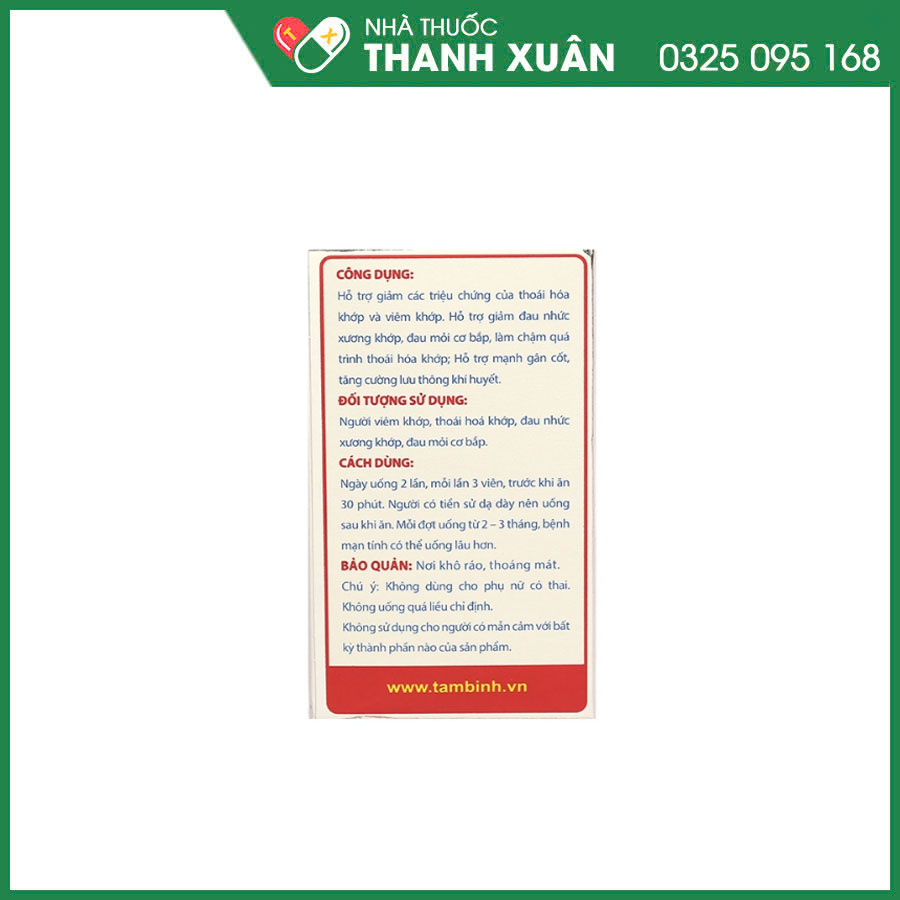 Viên Khớp Tâm Bình hỗ trợ giảm các triệu chứng của thoái hóa khớp và viêm khớp, tăng cường lưu thông khí huyết, mạnh gân cốt